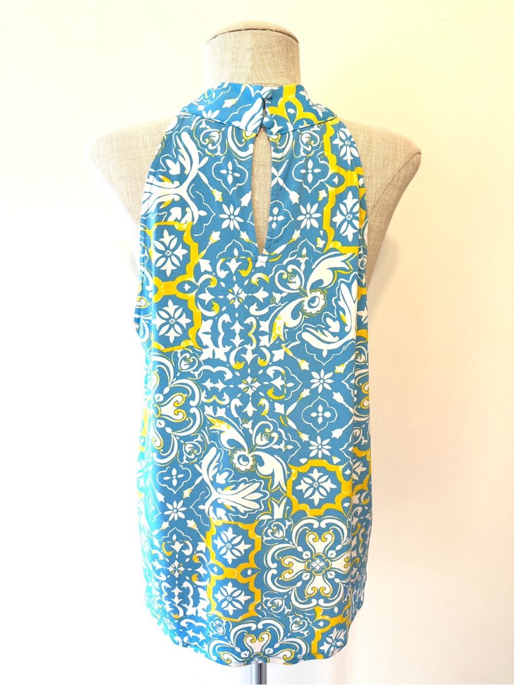 Ann Taylor Blue Yellow Tile Halter Top Blouse Petite Large Amalfi Resort Cruise - Picture 6 of 13